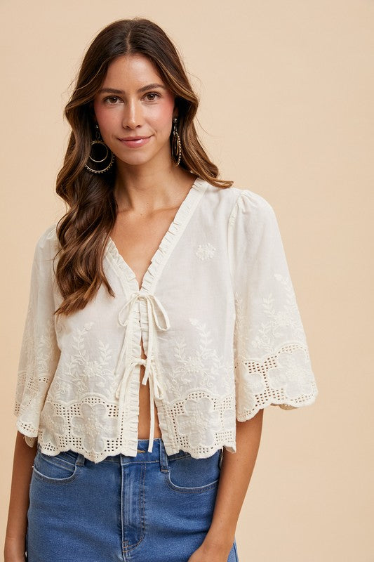 Embroidery Tie Front Blouse